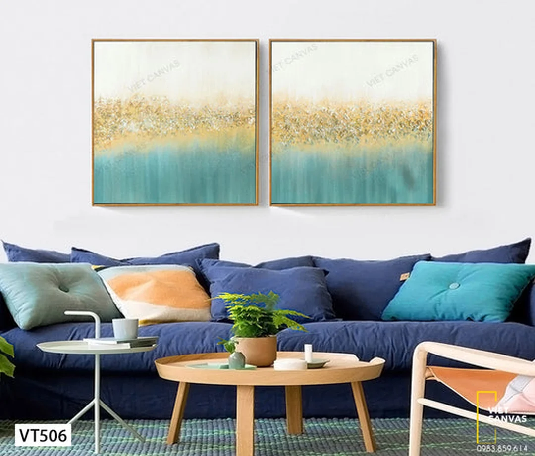 tranh trừu tượng khổ lớn bộ hai tấm cho sofa dài