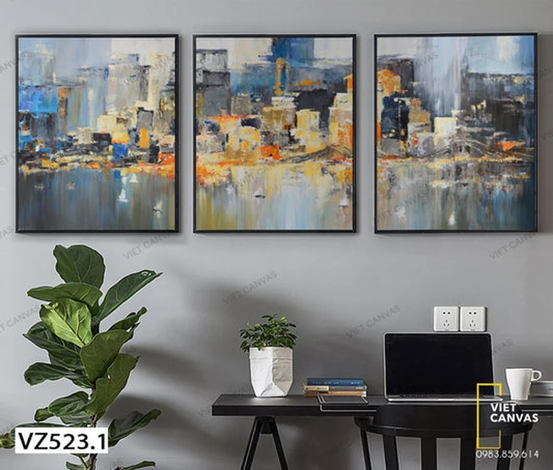 tranh trừu tượng khổ lớn dạng bộ ba sắc màu