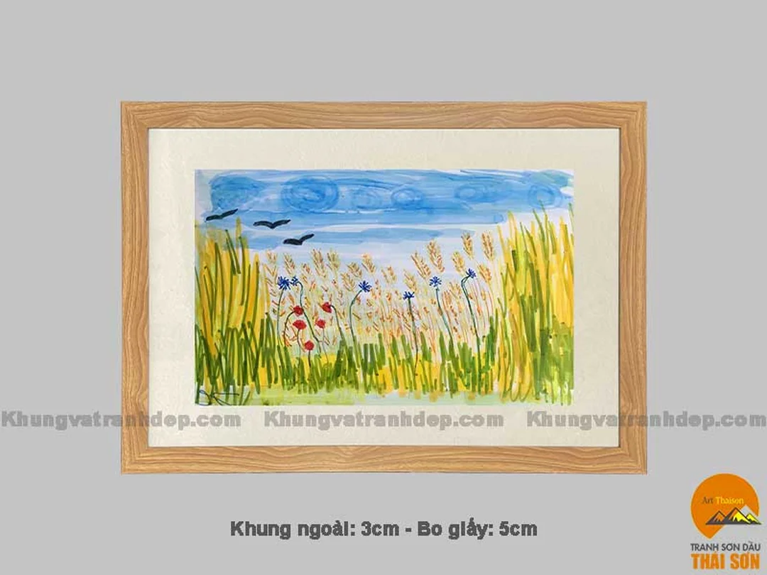 Mẫu vẽ khung tranh màu nước có bo giấy vẽ khung tranh màu nước với khung gỗ nâu và bo giấy trắng