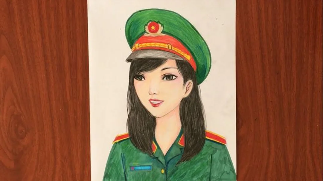 vẽ tranh chân dung cô bộ đội bằng chất liệu sơn dầu và màu vẽ