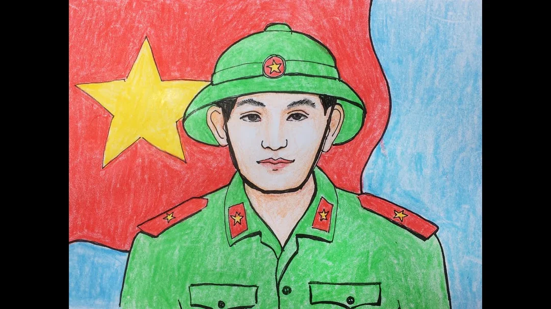 vẽ tranh chân dung cô bộ đội với chi tiết màu sắc quân phục