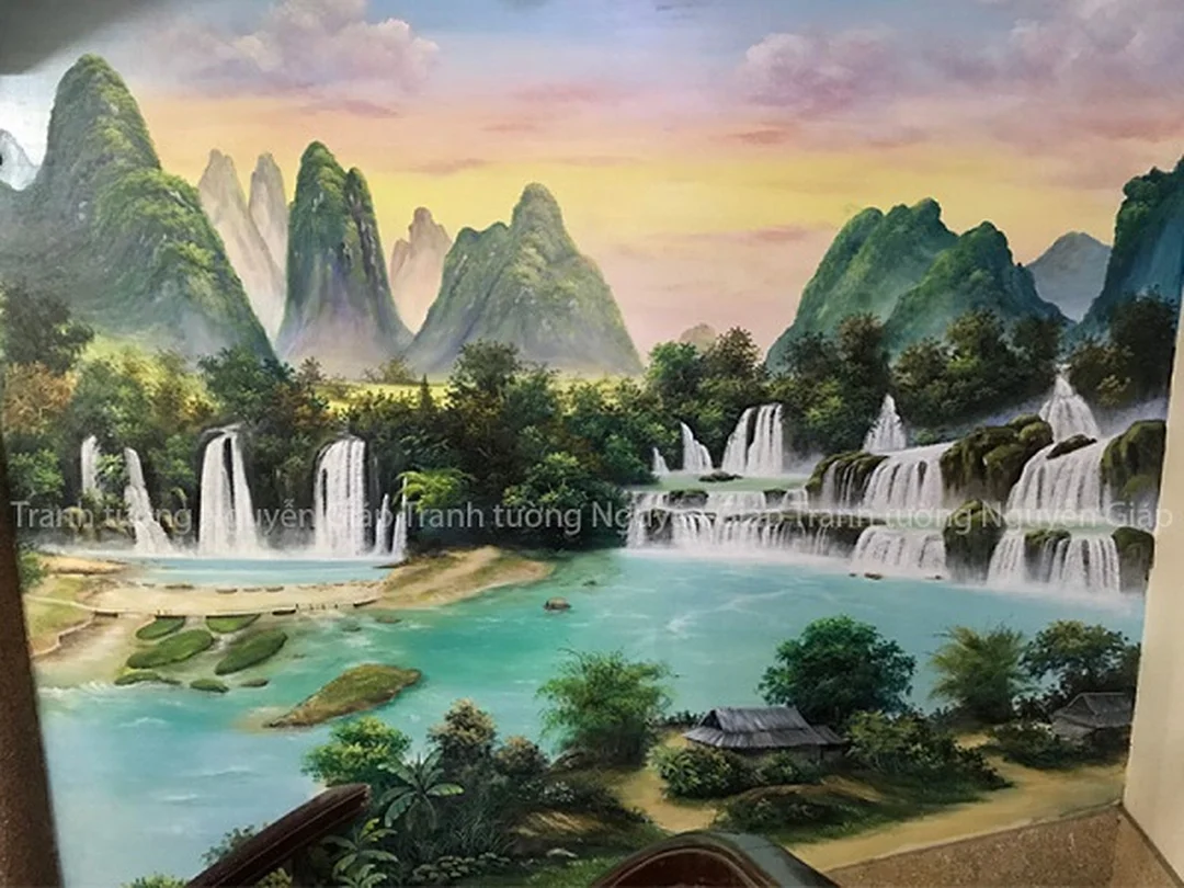 vẽ tranh đồng quê đẹp phong cảnh thác nước và thiên nhiên Việt Nam