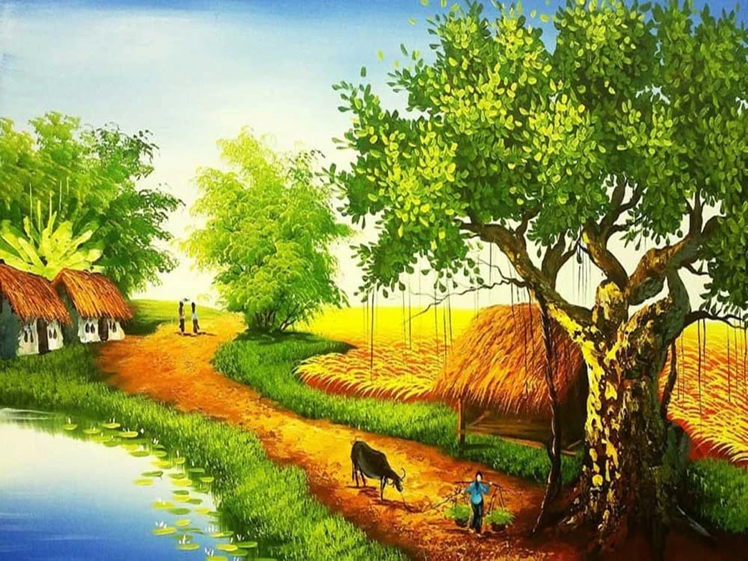 vẽ tranh đồng quê trên tường với cánh đồng và nhà quê rộng thoáng