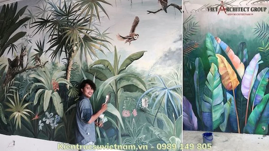 vẽ tranh nghệ thuật trên tường hoa lá thiên nhiên