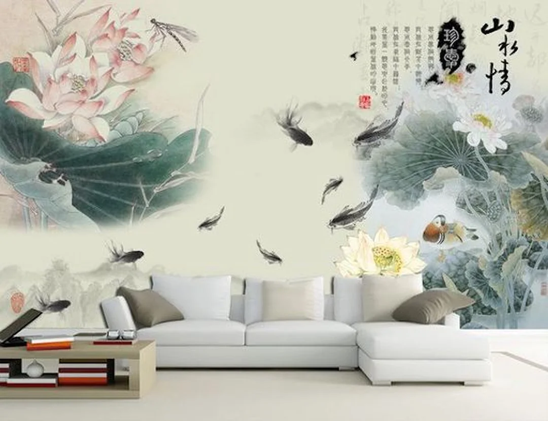 vẽ tranh nghệ thuật trên tường hoa sen phòng khách