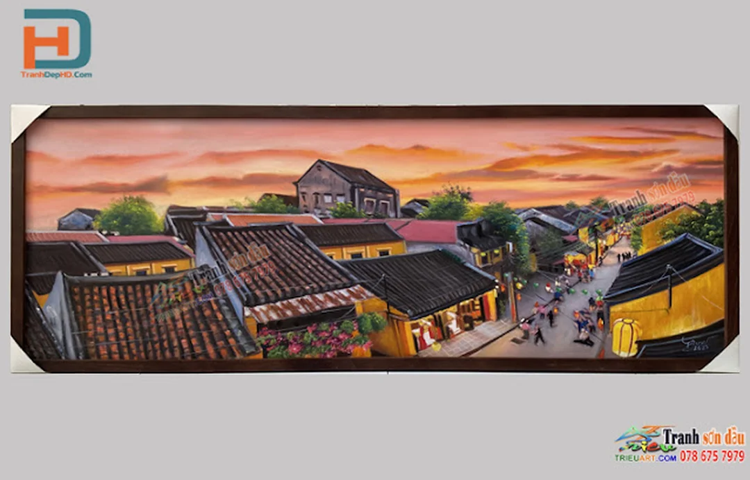 Vẽ tranh phố cổ Hội An sơn dầu với hoa giấy và tường vàng vẽ tranh phố cổ Hội An sơn dầu với hoa giấy và tường vàng