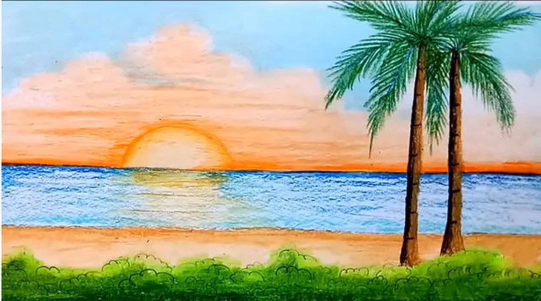 vẽ tranh phong cảnh biển hoàng hôn đơn giản bằng bút chì và màu