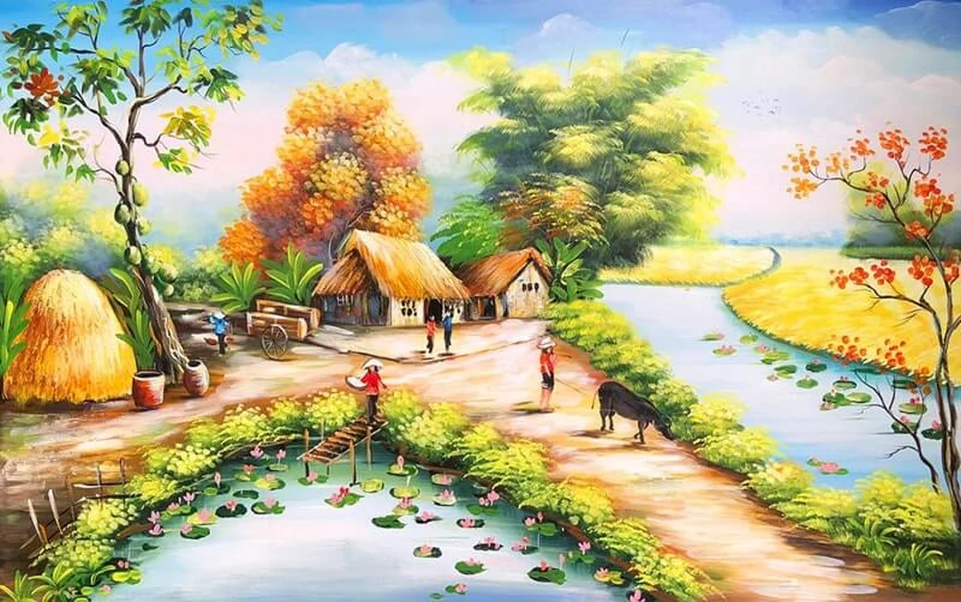 Phối màu vẽ tranh phong cảnh vẽ tranh phong cảnh đồng quê với gam màu ấm treo phòng khách