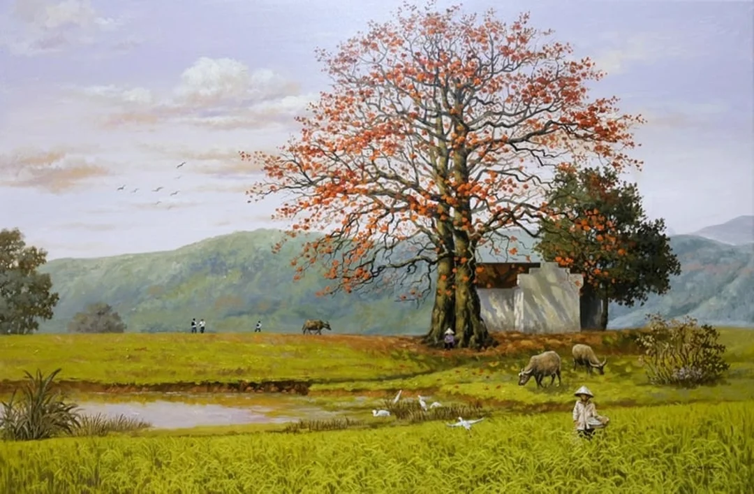vẽ tranh phong cảnh làng quê chọn chủ đề đồng quê và phong thủy