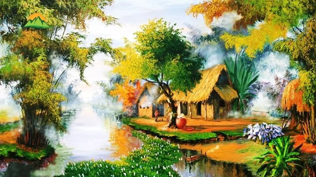 vẽ tranh phong cảnh làng quê trong phòng khách nhà Việt