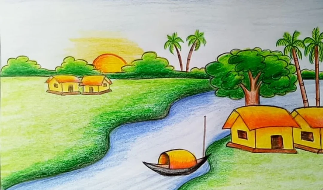 Vẽ tranh phong cảnh lớp 9 cảnh quê hương vẽ tranh phong cảnh lớp 9 cảnh quê hương có nhà và cây xanh