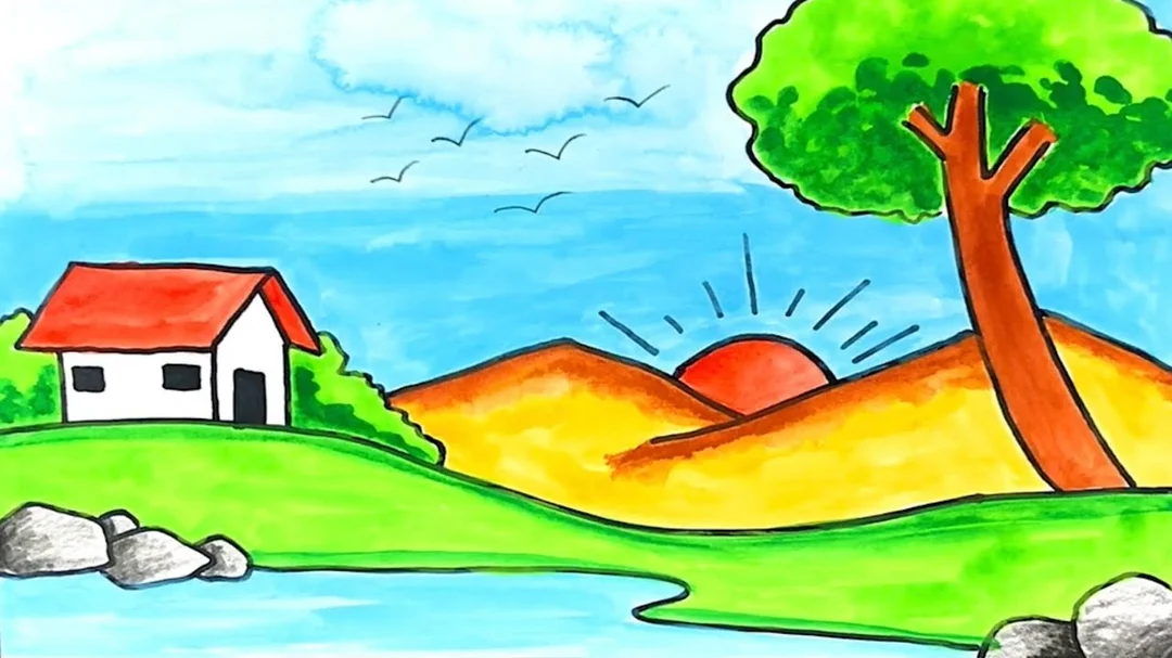 vẽ tranh phong cảnh núi rừng đơn giản dễ bị rối nếu dùng quá nhiều chi tiết