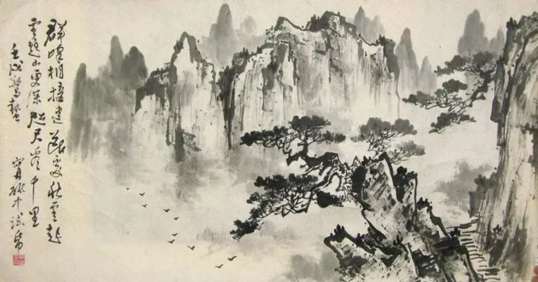 vẽ tranh phong cảnh núi thủy mặc màu xám xanh