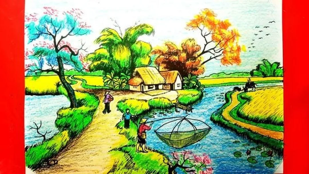 vẽ tranh phong cảnh quê hương có bố cục đồng quê rõ ràng