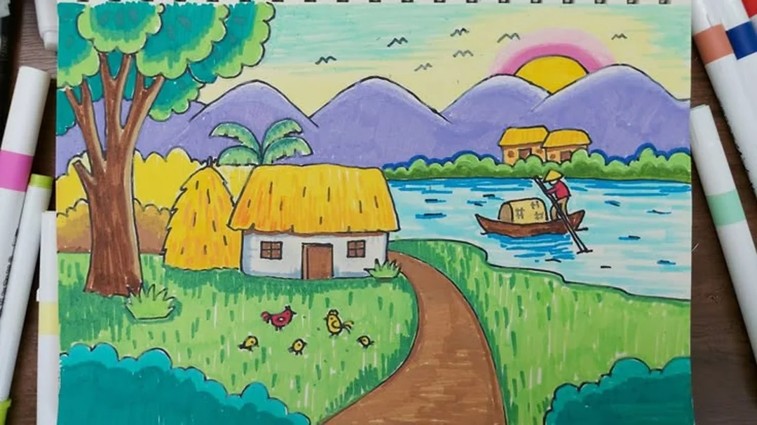 vẽ tranh phong cảnh quê hương làm tranh treo tường phòng khách