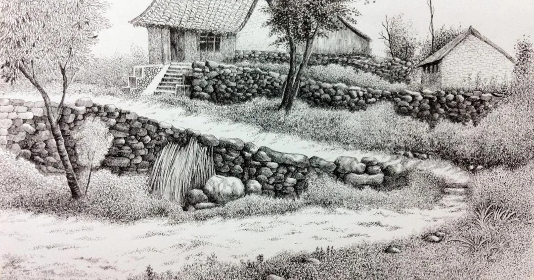 vẽ tranh phong cảnh quê hương với cảnh làng quê mộc mạc