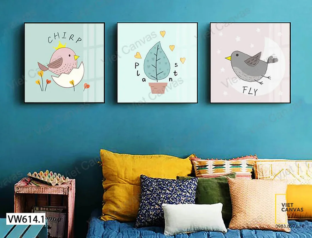 vẽ tranh treo tường đơn giản cho phòng trẻ em với bộ tranh chim và chậu cây
