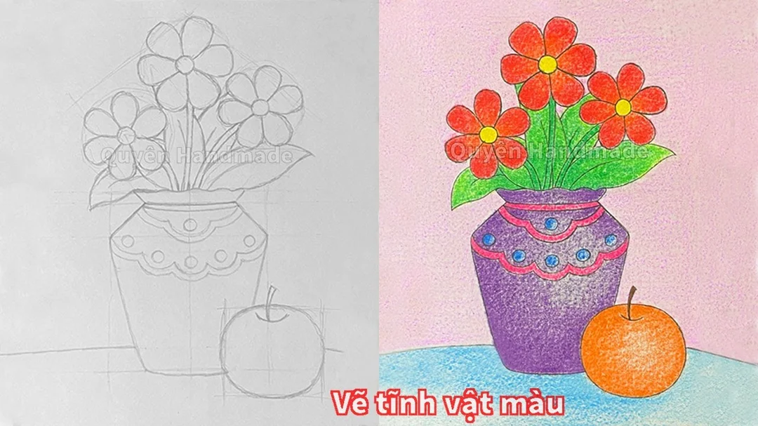 Video hướng dẫn vẽ tranh tĩnh vật màu lọ hoa và quả