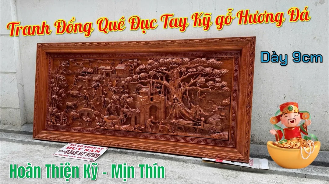 Video tranh đồng quê gỗ hương đá đục tay khổ lớn