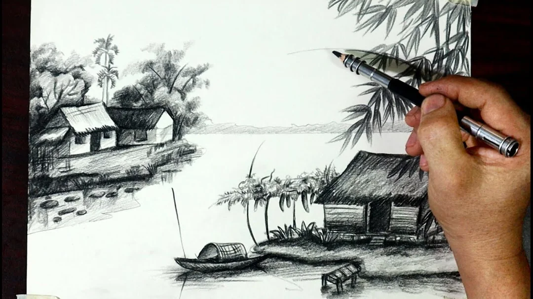 Video vẽ tranh phong cảnh quê hương đen trắng bằng bút chì