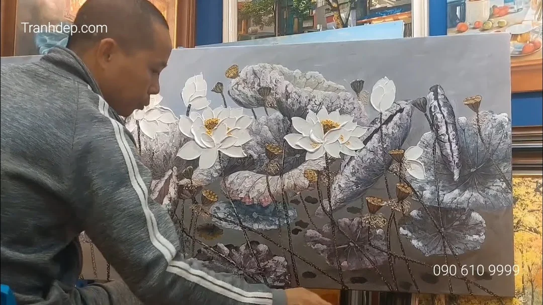 Video vẽ tranh sơn dầu hoa sen trắng hiện đại